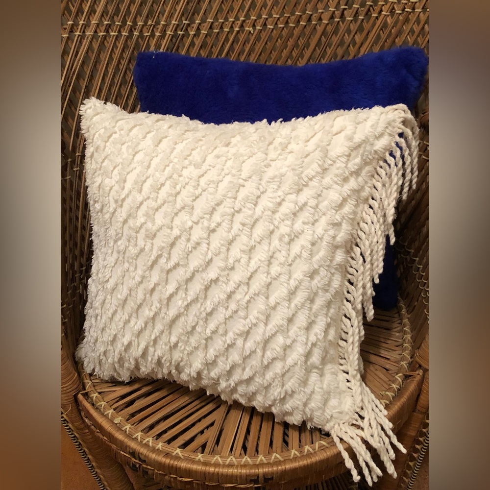 8803 HANDMADE Creamy White Fringy Chenille Throw Pillow Boho Hippie Mid Century